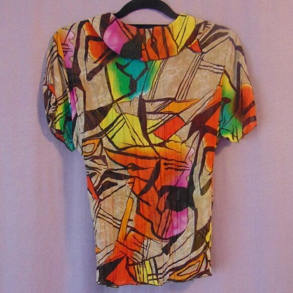 EUC COOL JUMP Wrap Around Plunging Neck Vibrant Abstract Sheer Surplice Shirt - Picture 12 of 12
